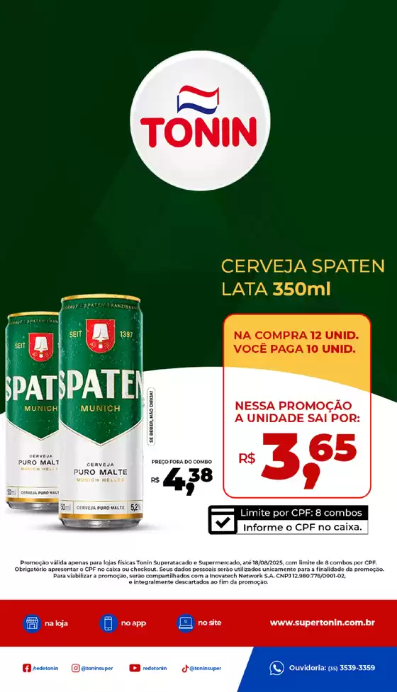 Catálogo Tonin Superatacado em Araras | OFERTA SPATEN LEVE MAIS, PAGUE MENOS | 2025-08-05T00:00:00.000Z - 2025-08-18T00:00:00.000Z
