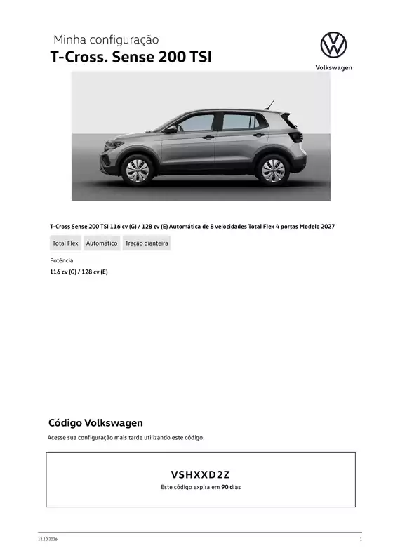 Catálogo Volkswagen | T-Cross. Sense 200 TSI | 2026-10-12T00:00:00.000Z - 2027-05-31T00:00:00.000Z